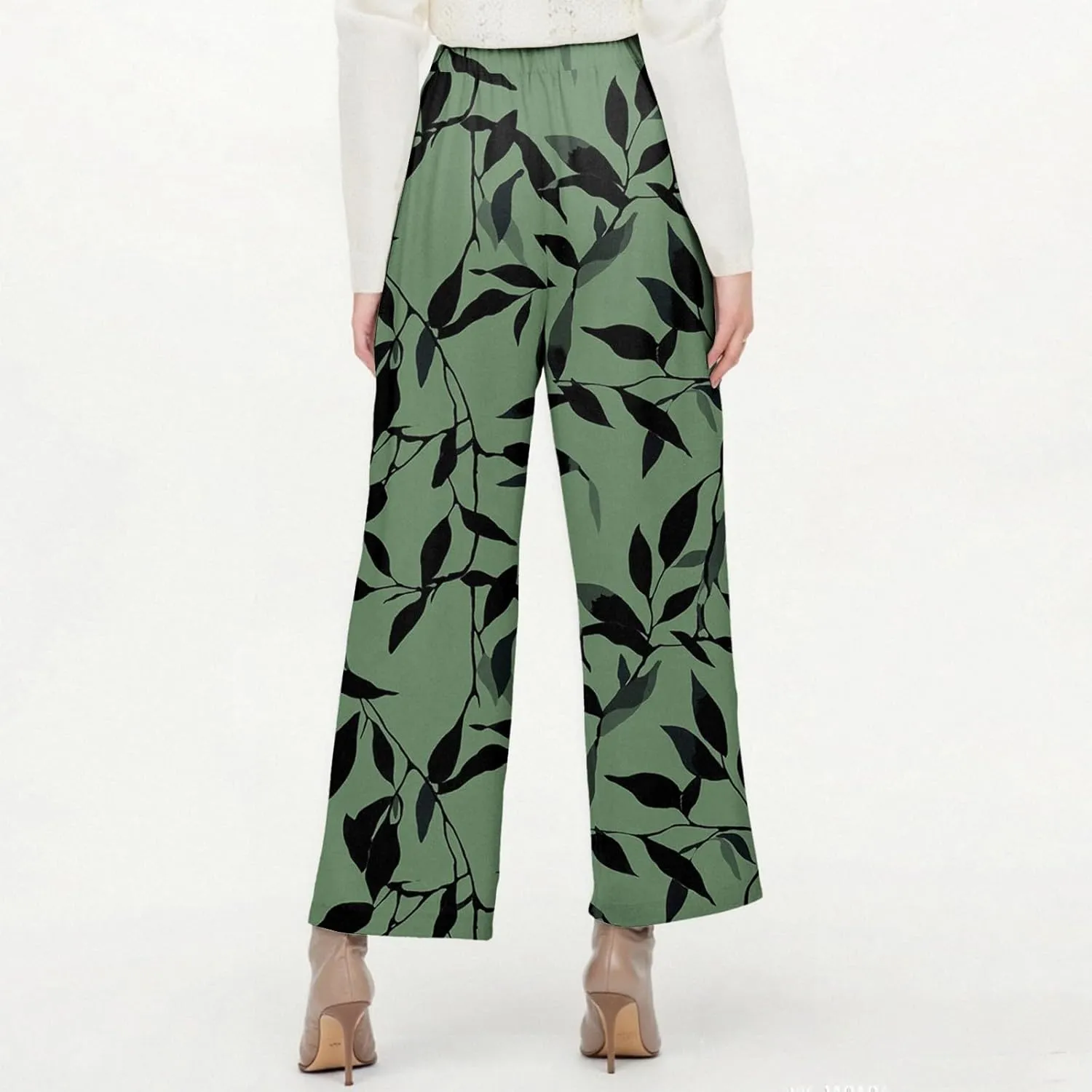 Linen Pants Women Summer Wide Leg Straight High Waist Pants Trendy Elastic Waist Comfy with Pockets Trouser Floral Print