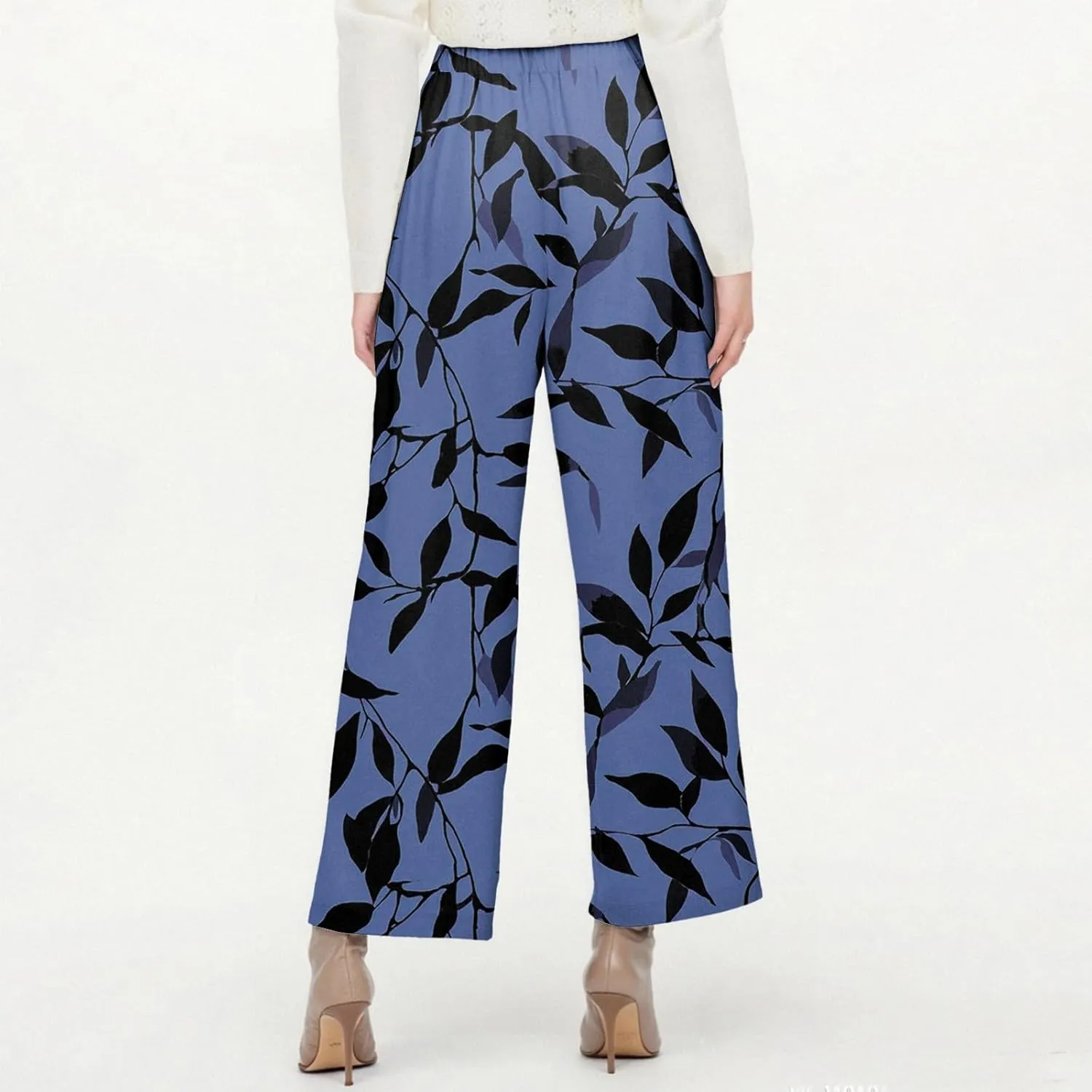 Linen Pants Women Summer Wide Leg Straight High Waist Pants Trendy Elastic Waist Comfy with Pockets Trouser Floral Print