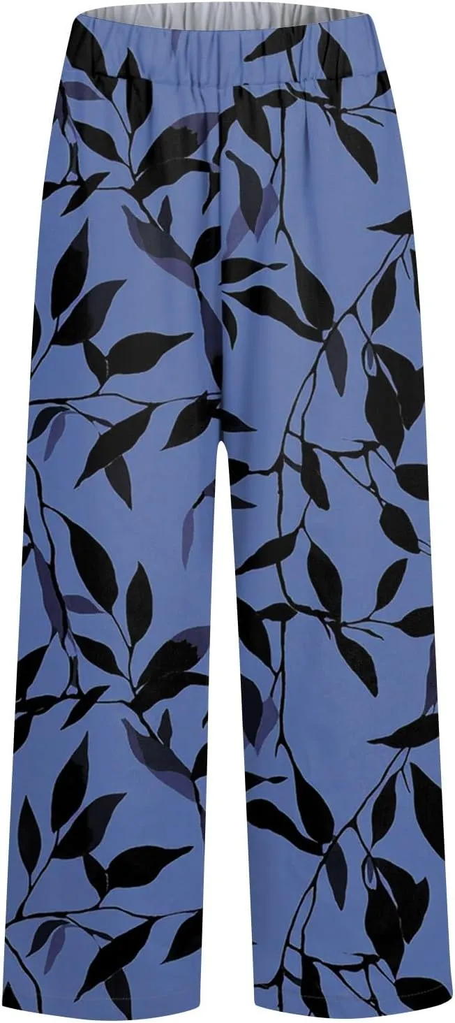 Linen Pants Women Summer Wide Leg Straight High Waist Pants Trendy Elastic Waist Comfy with Pockets Trouser Floral Print