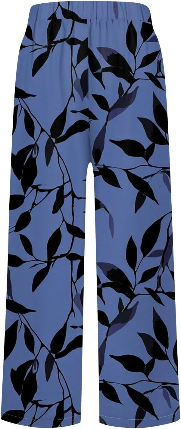 Linen Pants Women Summer Wide Leg Straight High Waist Pants Trendy Elastic Waist Comfy with Pockets Trouser Floral Print