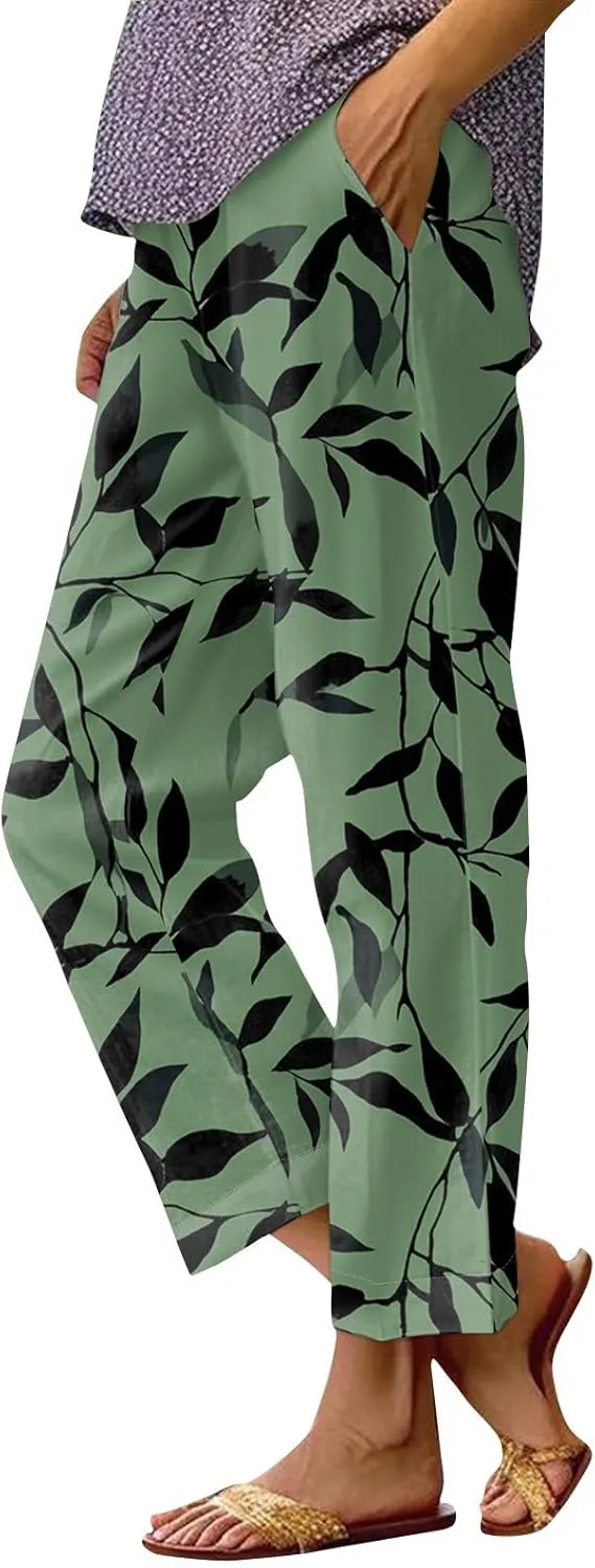 Linen Pants Women Summer Wide Leg Straight High Waist Pants Trendy Elastic Waist Comfy with Pockets Trouser Floral Print