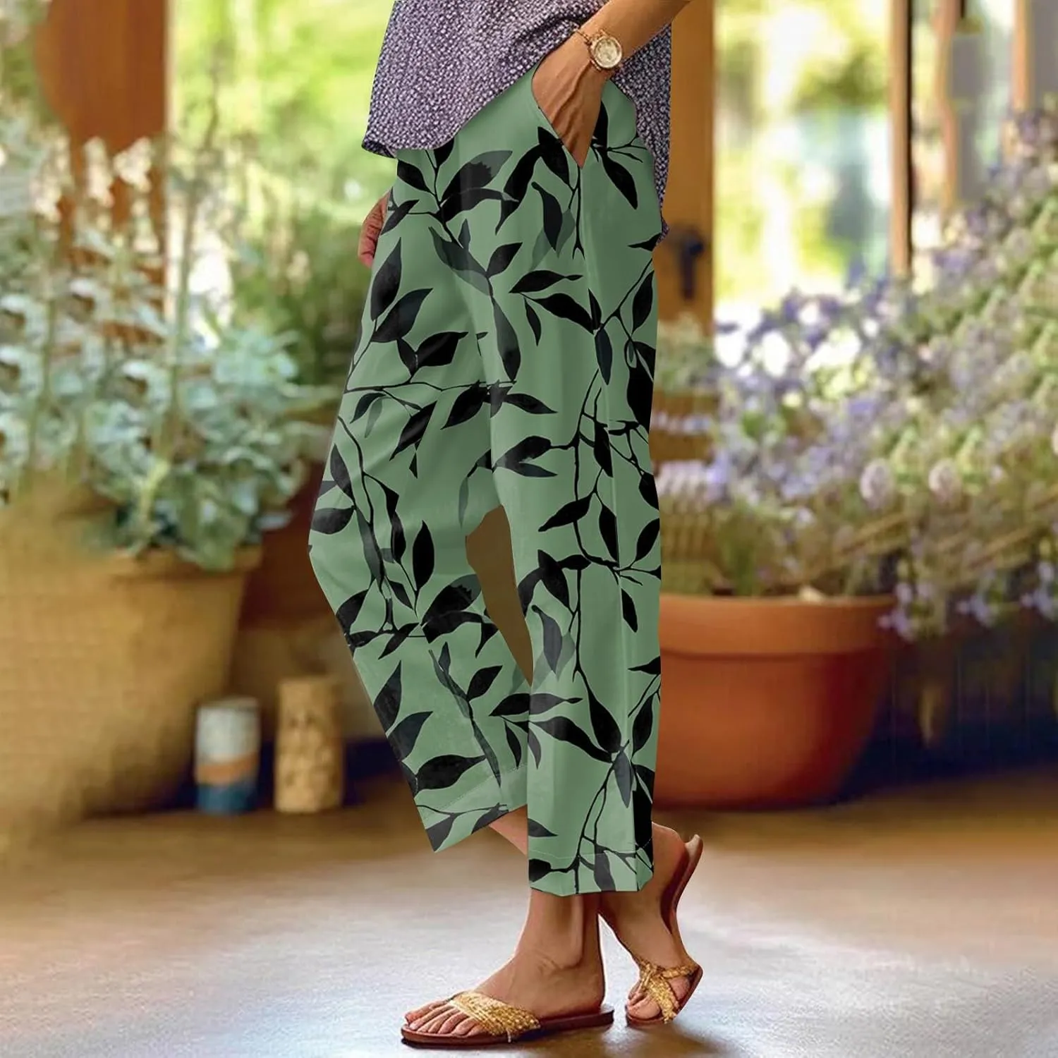 Linen Pants Women Summer Wide Leg Straight High Waist Pants Trendy Elastic Waist Comfy with Pockets Trouser Floral Print