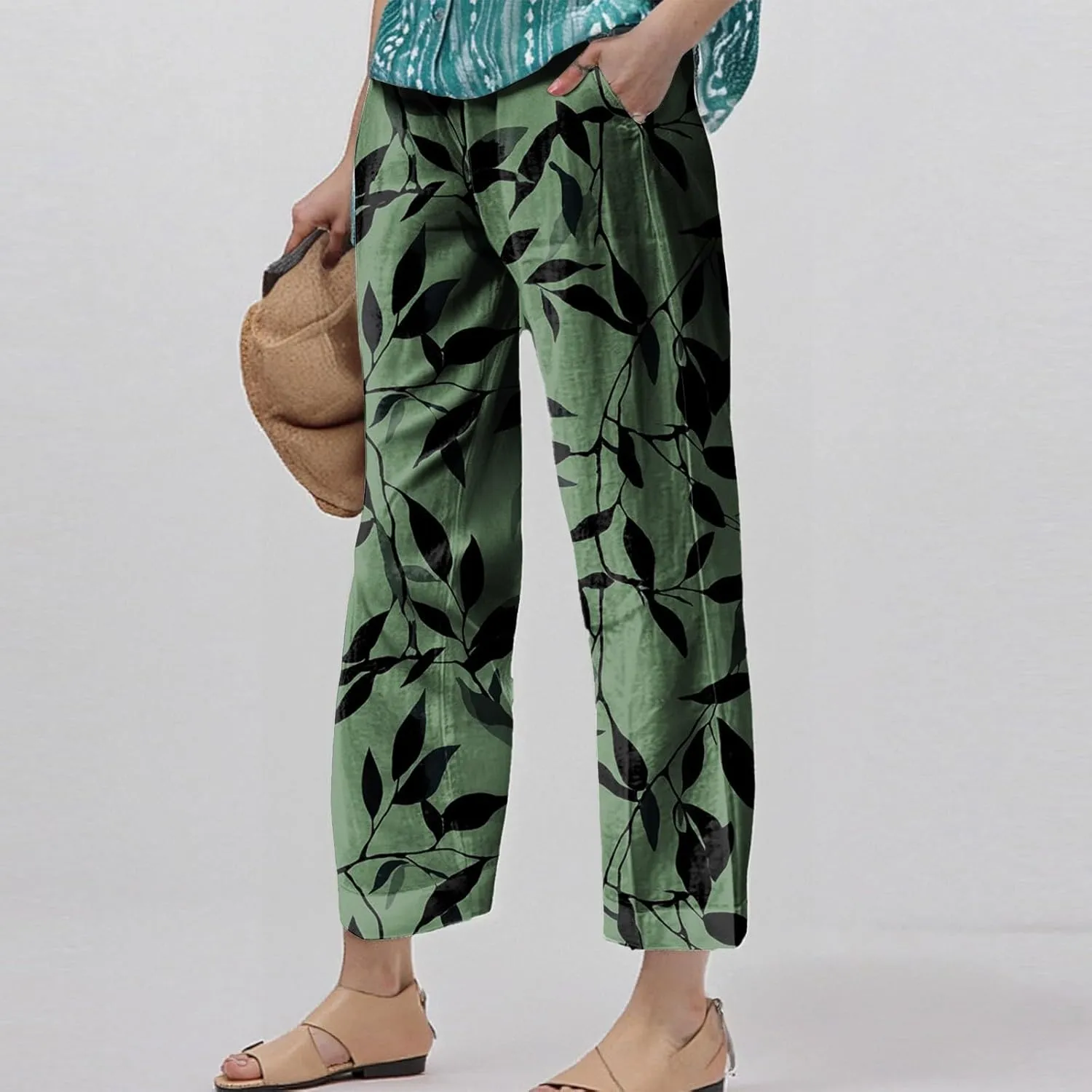 Linen Pants Women Summer Wide Leg Straight High Waist Pants Trendy Elastic Waist Comfy with Pockets Trouser Floral Print