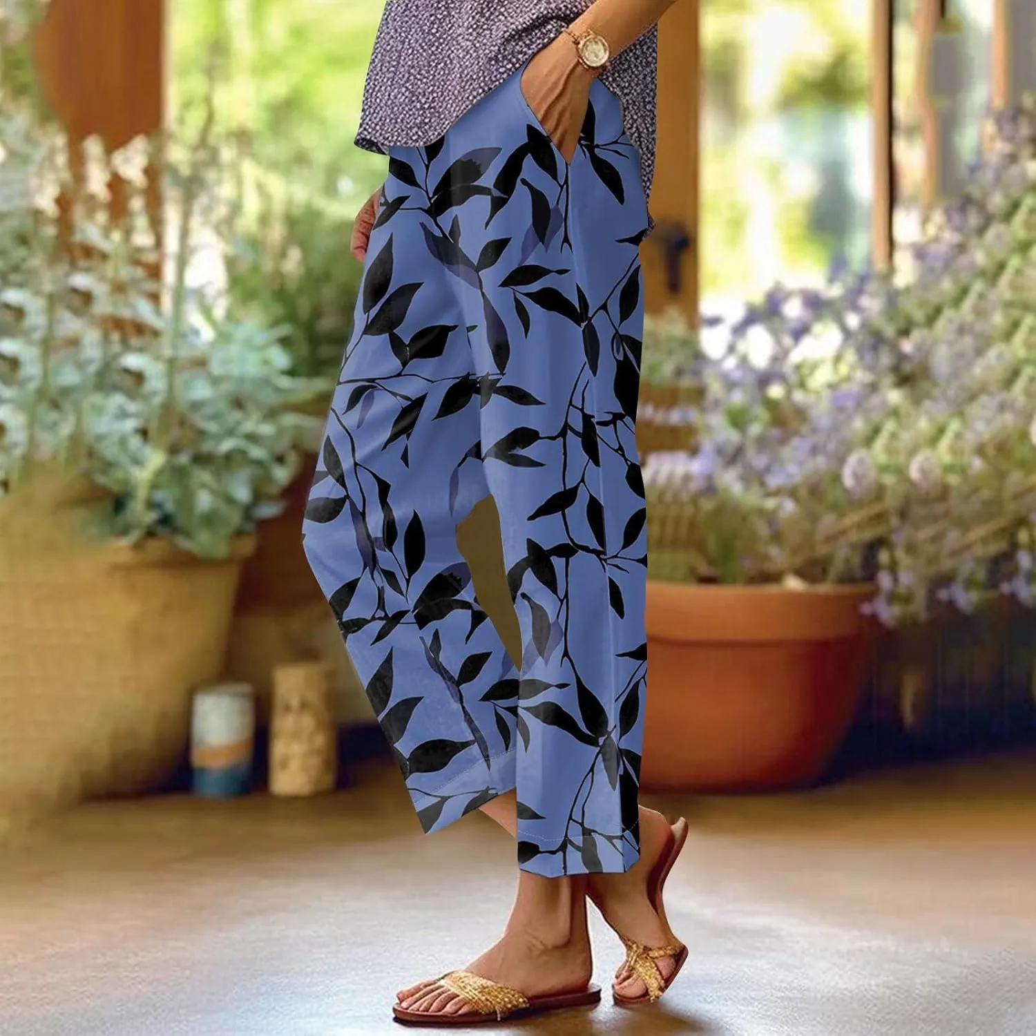 Linen Pants Women Summer Wide Leg Straight High Waist Pants Trendy Elastic Waist Comfy with Pockets Trouser Floral Print