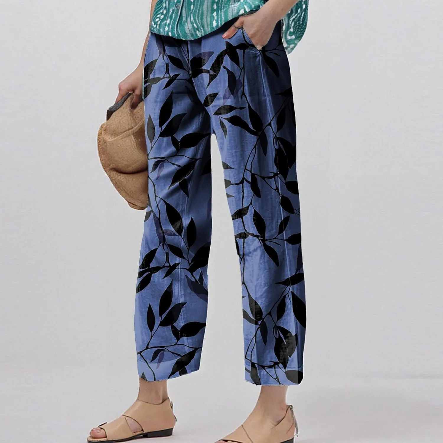 Linen Pants Women Summer Wide Leg Straight High Waist Pants Trendy Elastic Waist Comfy with Pockets Trouser Floral Print