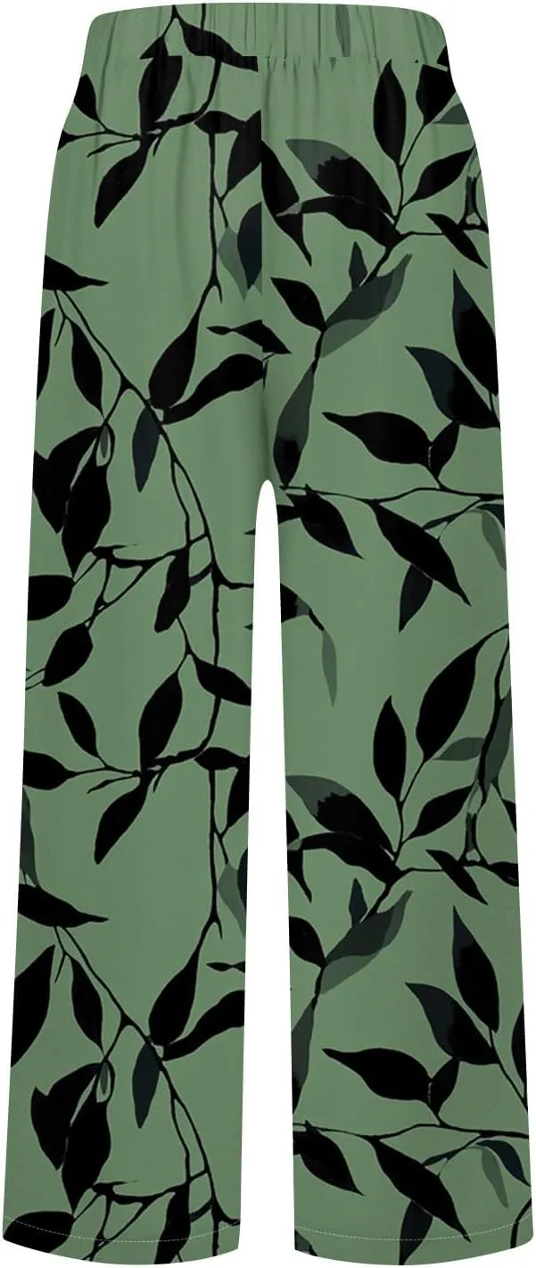 Linen Pants Women Summer Wide Leg Straight High Waist Pants Trendy Elastic Waist Comfy with Pockets Trouser Floral Print