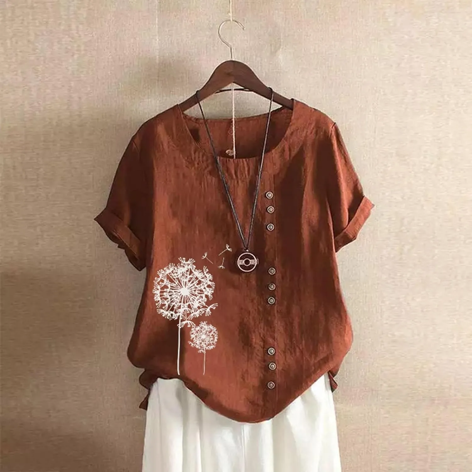 Linen Shirts for Women Summer Shirts Plus Size Tops Short Sleeve Floral Blouses Loose Fit Tunic Tops Soft Tshirts