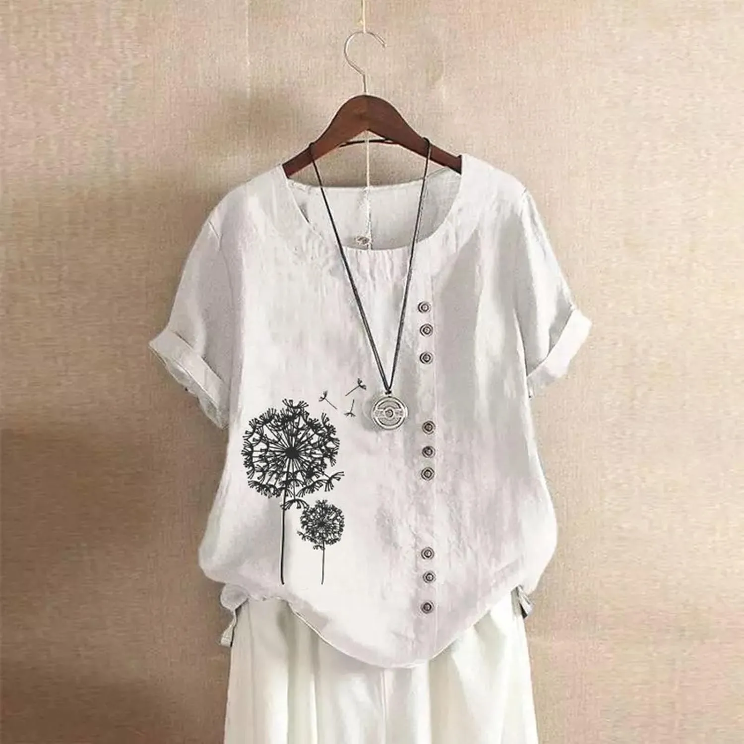 Linen Shirts for Women Summer Shirts Plus Size Tops Short Sleeve Floral Blouses Loose Fit Tunic Tops Soft Tshirts