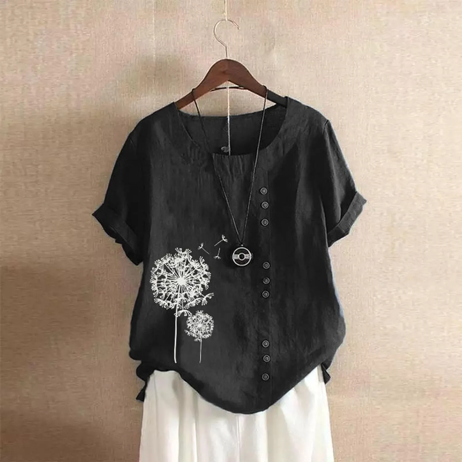 Linen Shirts for Women Summer Shirts Plus Size Tops Short Sleeve Floral Blouses Loose Fit Tunic Tops Soft Tshirts