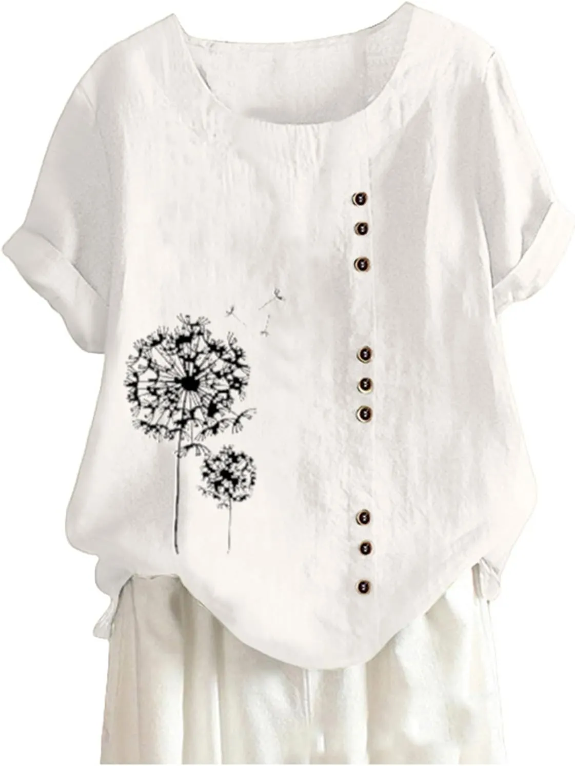 Linen Shirts for Women Summer Shirts Plus Size Tops Short Sleeve Floral Blouses Loose Fit Tunic Tops Soft Tshirts