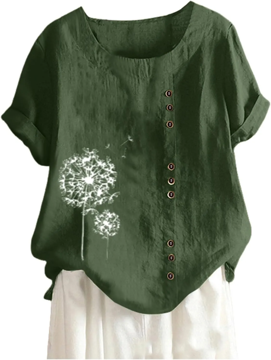 Linen Shirts for Women Summer Shirts Plus Size Tops Short Sleeve Floral Blouses Loose Fit Tunic Tops Soft Tshirts