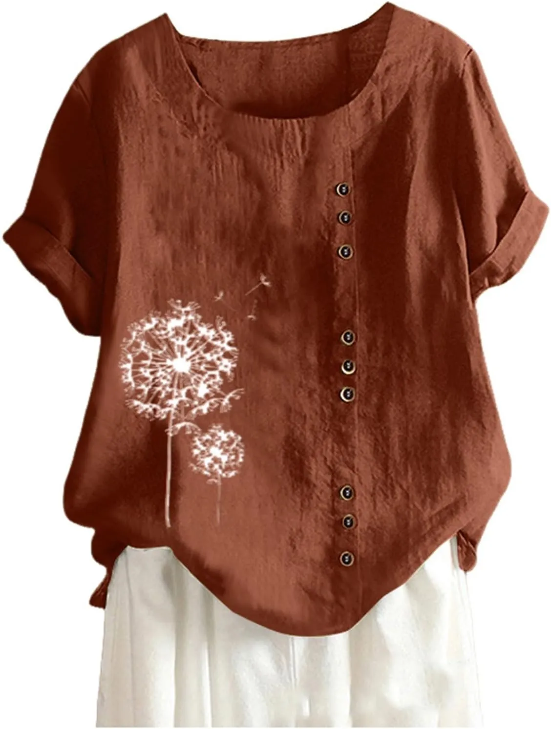 Linen Shirts for Women Summer Shirts Plus Size Tops Short Sleeve Floral Blouses Loose Fit Tunic Tops Soft Tshirts