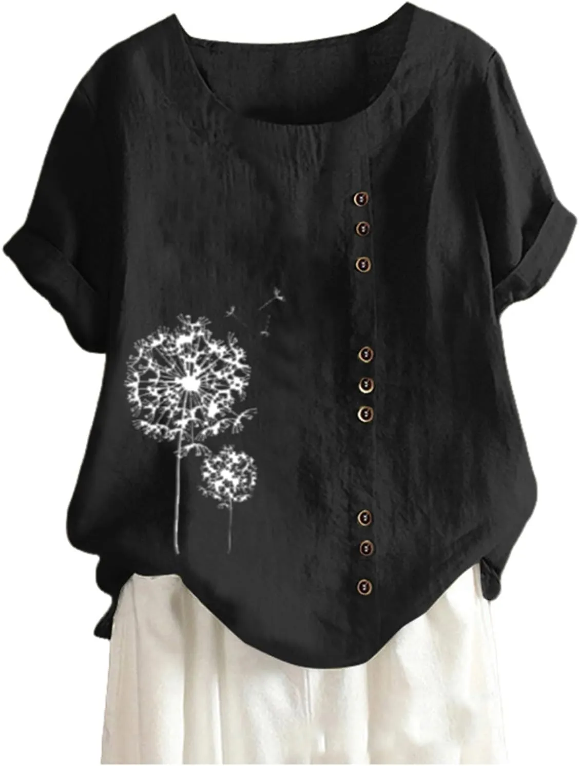 Linen Shirts for Women Summer Shirts Plus Size Tops Short Sleeve Floral Blouses Loose Fit Tunic Tops Soft Tshirts