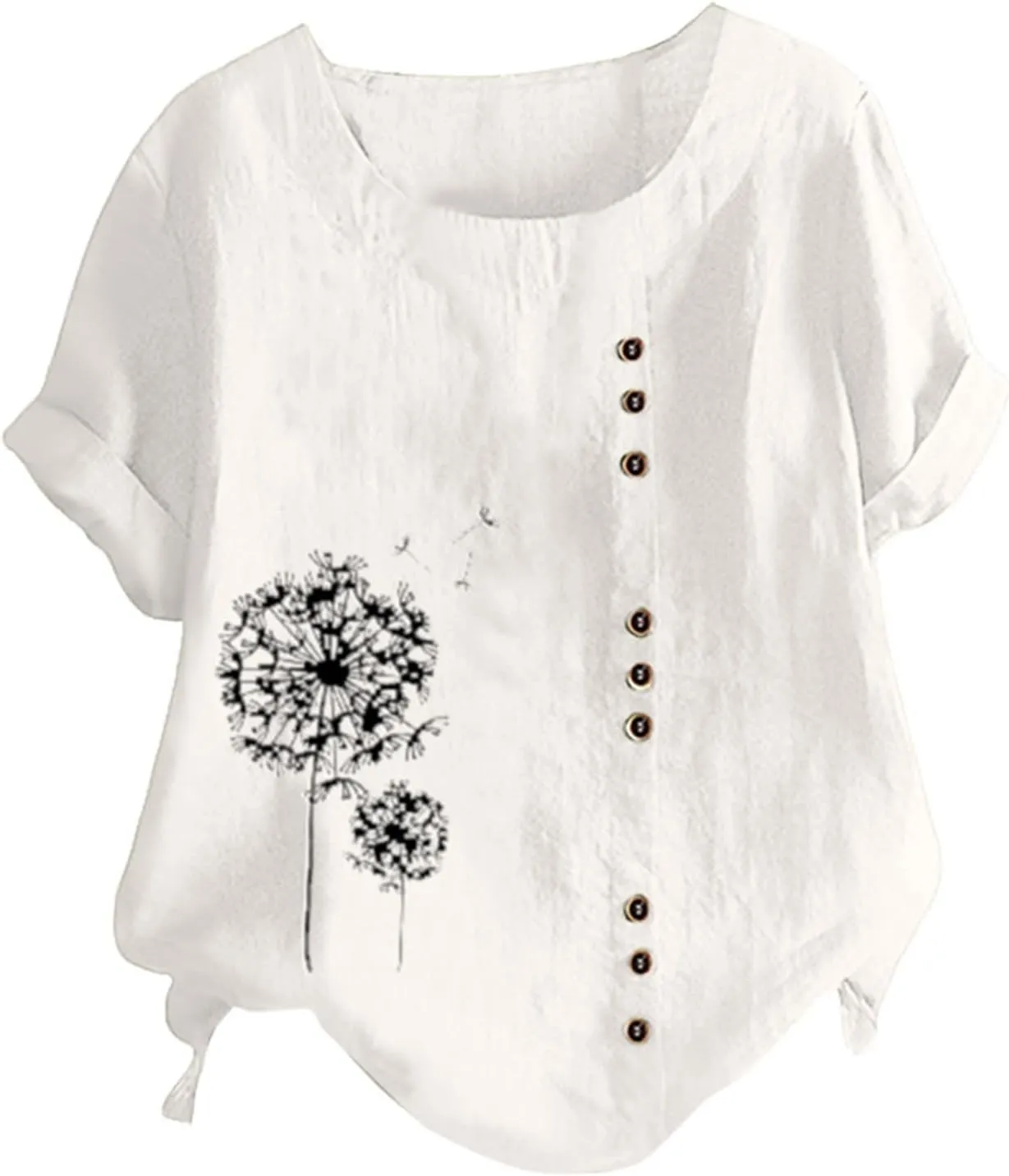 Linen Shirts for Women Summer Shirts Plus Size Tops Short Sleeve Floral Blouses Loose Fit Tunic Tops Soft Tshirts
