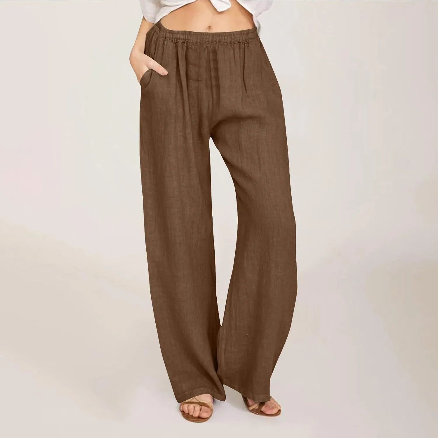 Lmdudan Women Cotton Linen Palazzo Pants Summer Drawstring Waist Wide Leg Loose Trousers Casual Workout Pants with Pockets