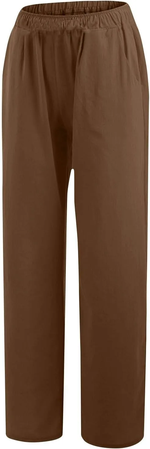 Lmdudan Women Cotton Linen Palazzo Pants Summer Drawstring Waist Wide Leg Loose Trousers Casual Workout Pants with Pockets