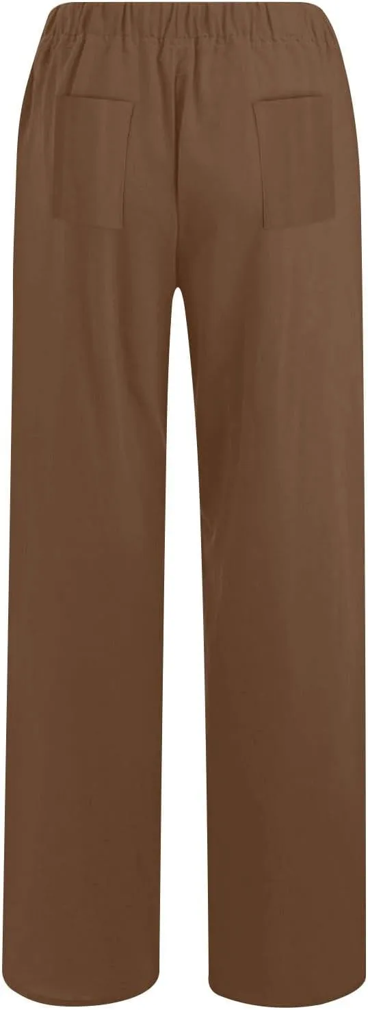 Lmdudan Women Cotton Linen Palazzo Pants Summer Drawstring Waist Wide Leg Loose Trousers Casual Workout Pants with Pockets