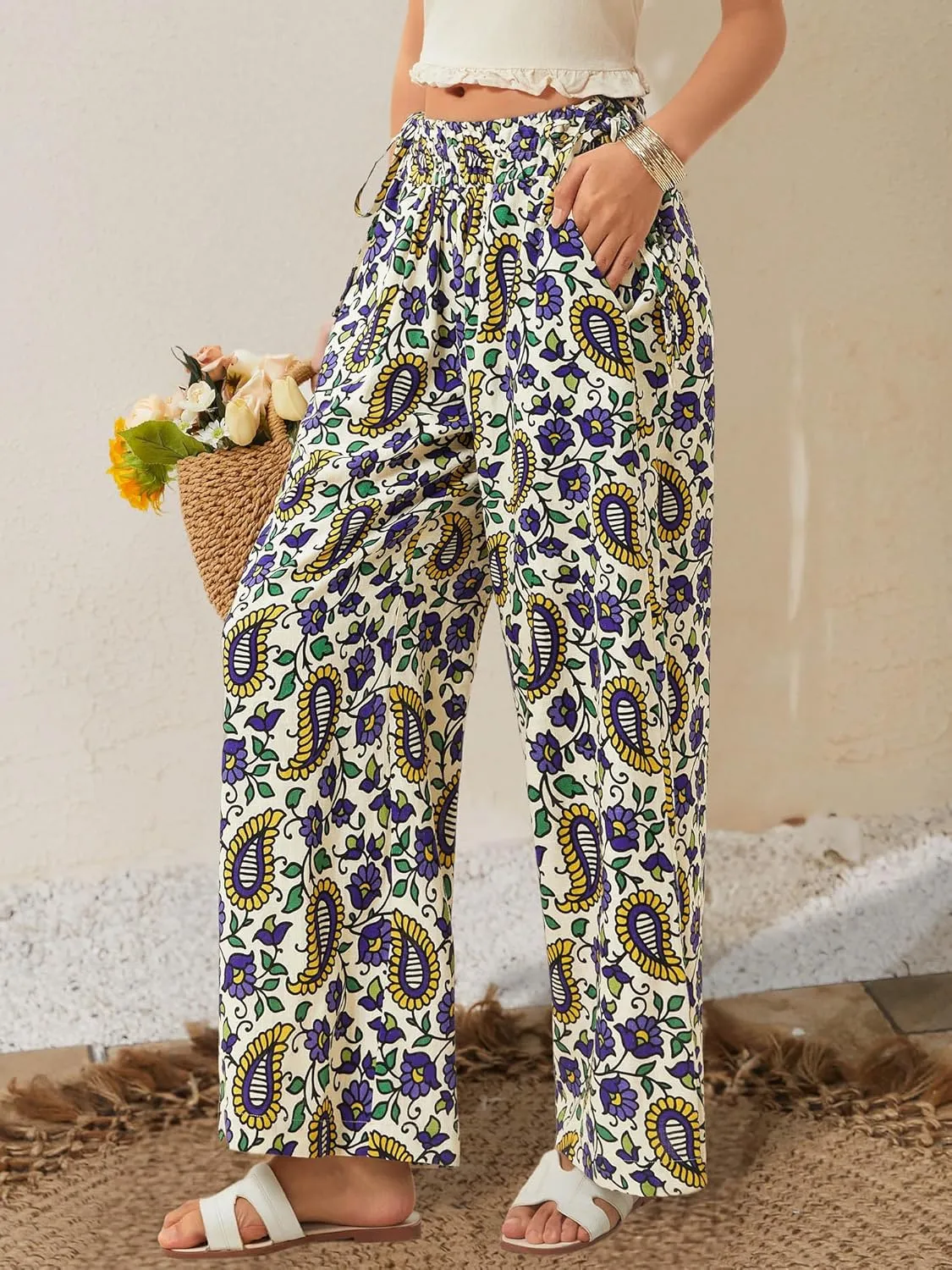 LOLOCCI Women Wide Leg Linen Pants Flowy Palazzo Casual Trousers Tropical Adjustable Knot Elastic High Waisted with Pockets