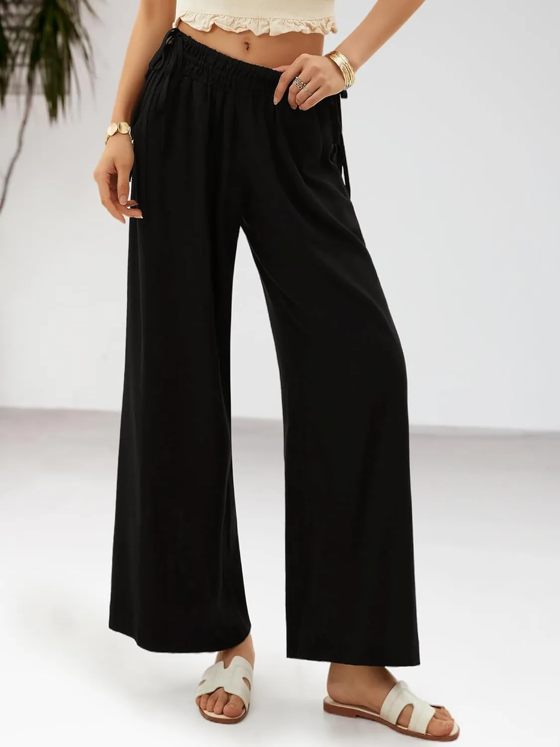 LOLOCCI Women Wide Leg Linen Pants Flowy Palazzo Casual Trousers Tropical Adjustable Knot Elastic High Waisted with Pockets