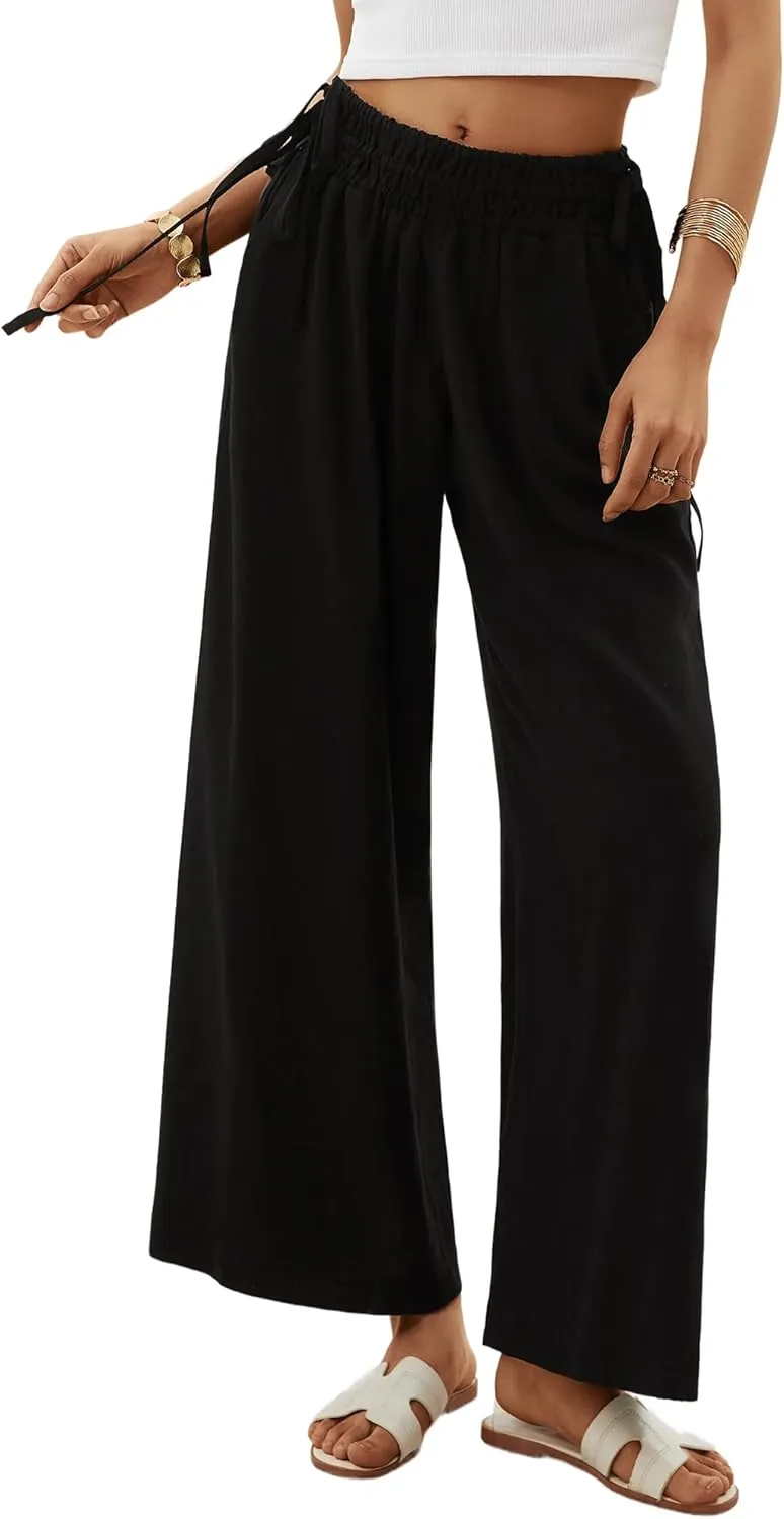 LOLOCCI Women Wide Leg Linen Pants Flowy Palazzo Casual Trousers Tropical Adjustable Knot Elastic High Waisted with Pockets