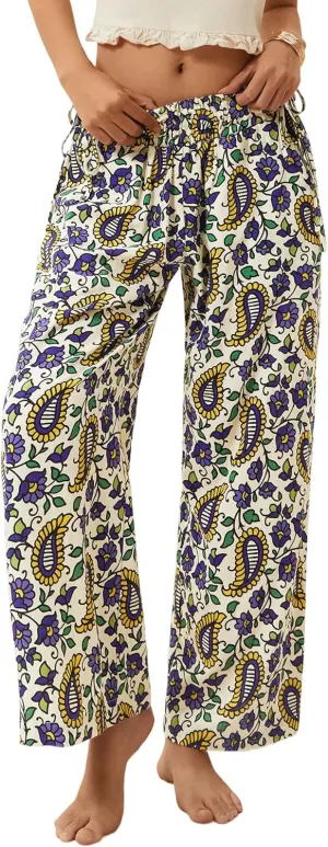 LOLOCCI Women Wide Leg Linen Pants Flowy Palazzo Casual Trousers Tropical Adjustable Knot Elastic High Waisted with Pockets