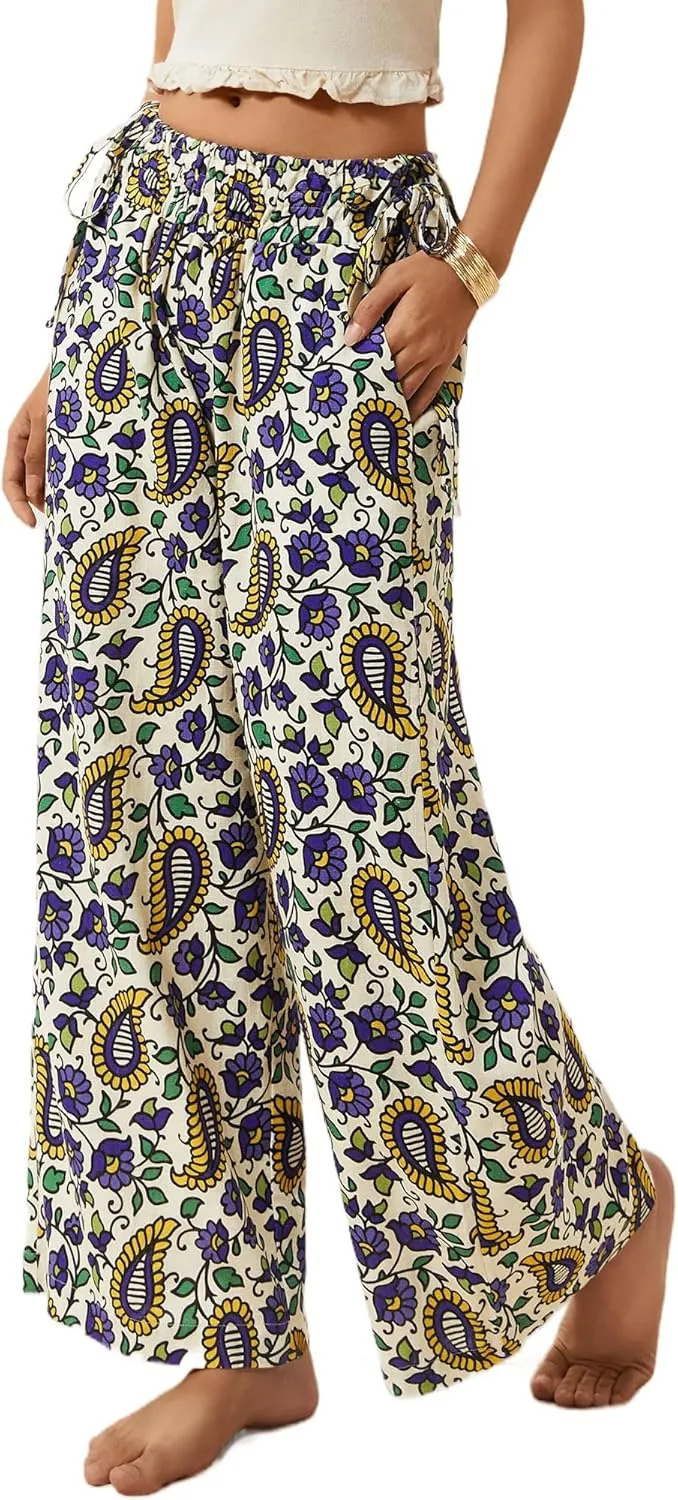 LOLOCCI Women Wide Leg Linen Pants Flowy Palazzo Casual Trousers Tropical Adjustable Knot Elastic High Waisted with Pockets