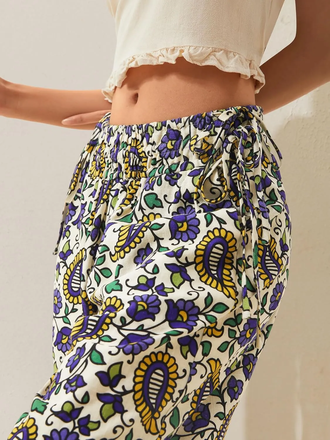 LOLOCCI Women Wide Leg Linen Pants Flowy Palazzo Casual Trousers Tropical Adjustable Knot Elastic High Waisted with Pockets