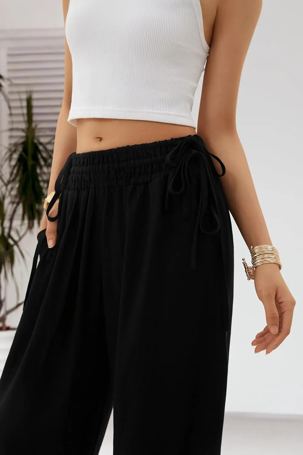 LOLOCCI Women Wide Leg Linen Pants Flowy Palazzo Casual Trousers Tropical Adjustable Knot Elastic High Waisted with Pockets