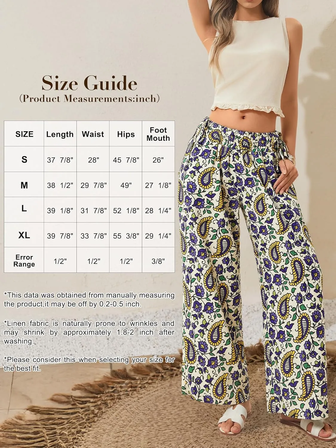 LOLOCCI Women Wide Leg Linen Pants Flowy Palazzo Casual Trousers Tropical Adjustable Knot Elastic High Waisted with Pockets