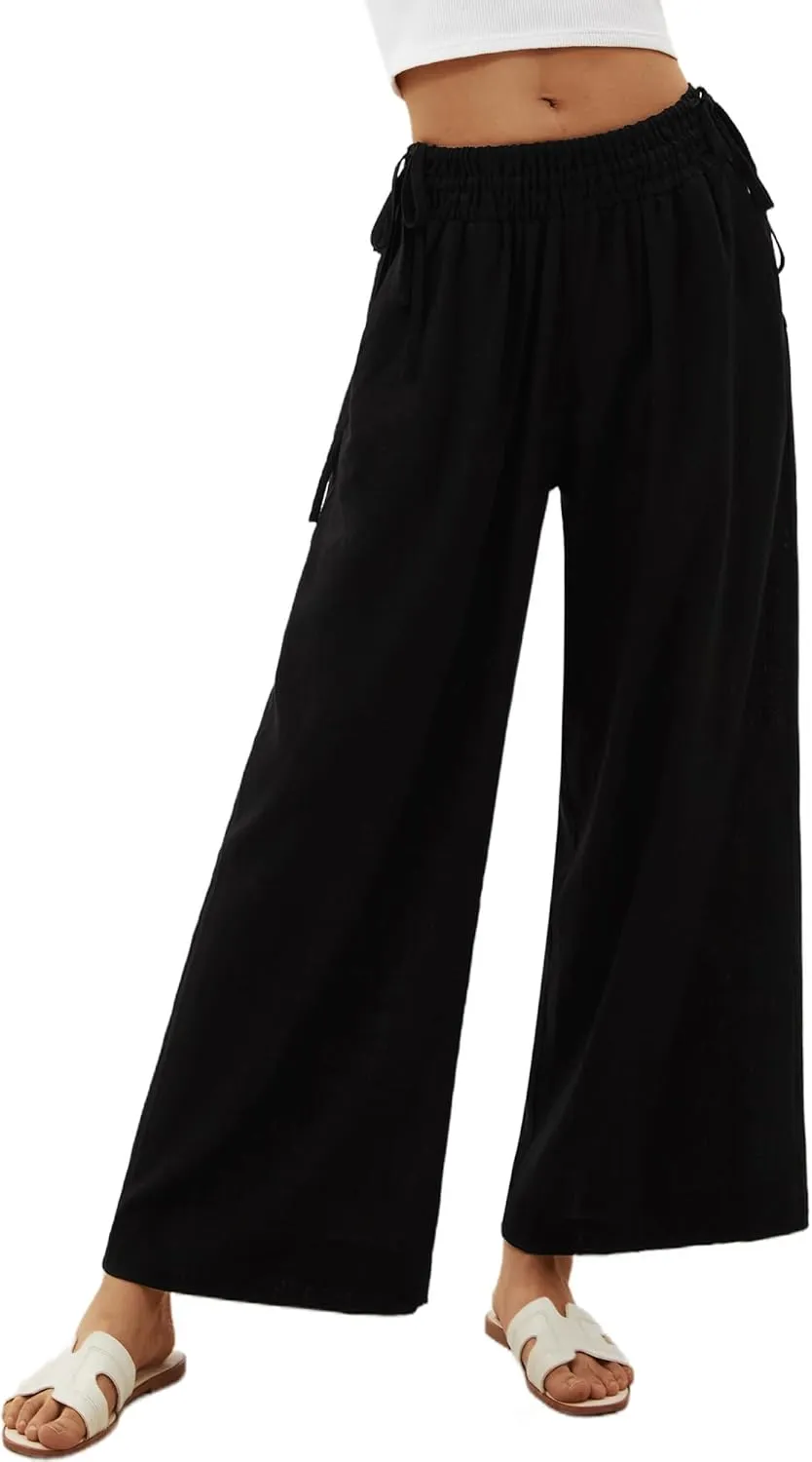 LOLOCCI Women Wide Leg Linen Pants Flowy Palazzo Casual Trousers Tropical Adjustable Knot Elastic High Waisted with Pockets