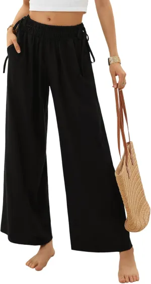 LOLOCCI Women Wide Leg Linen Pants Flowy Palazzo Casual Trousers Tropical Adjustable Knot Elastic High Waisted with Pockets