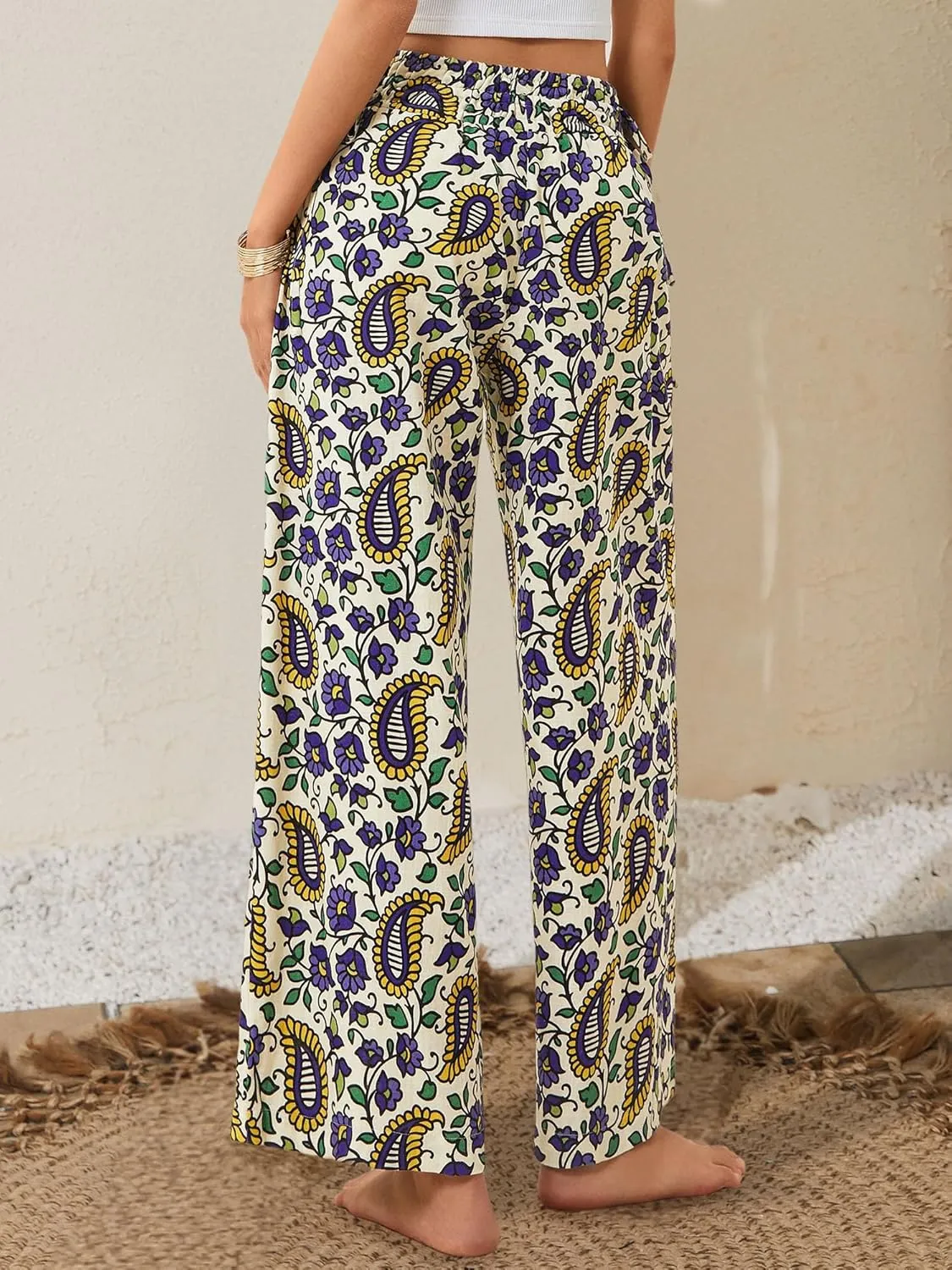 LOLOCCI Women Wide Leg Linen Pants Flowy Palazzo Casual Trousers Tropical Adjustable Knot Elastic High Waisted with Pockets