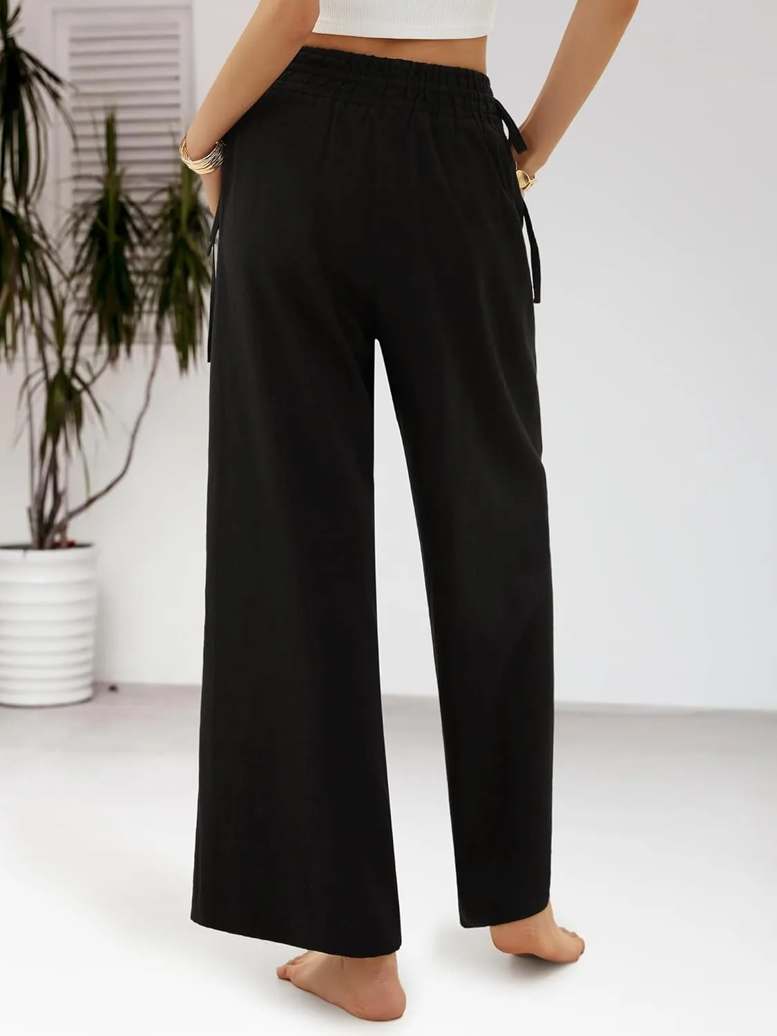 LOLOCCI Women Wide Leg Linen Pants Flowy Palazzo Casual Trousers Tropical Adjustable Knot Elastic High Waisted with Pockets
