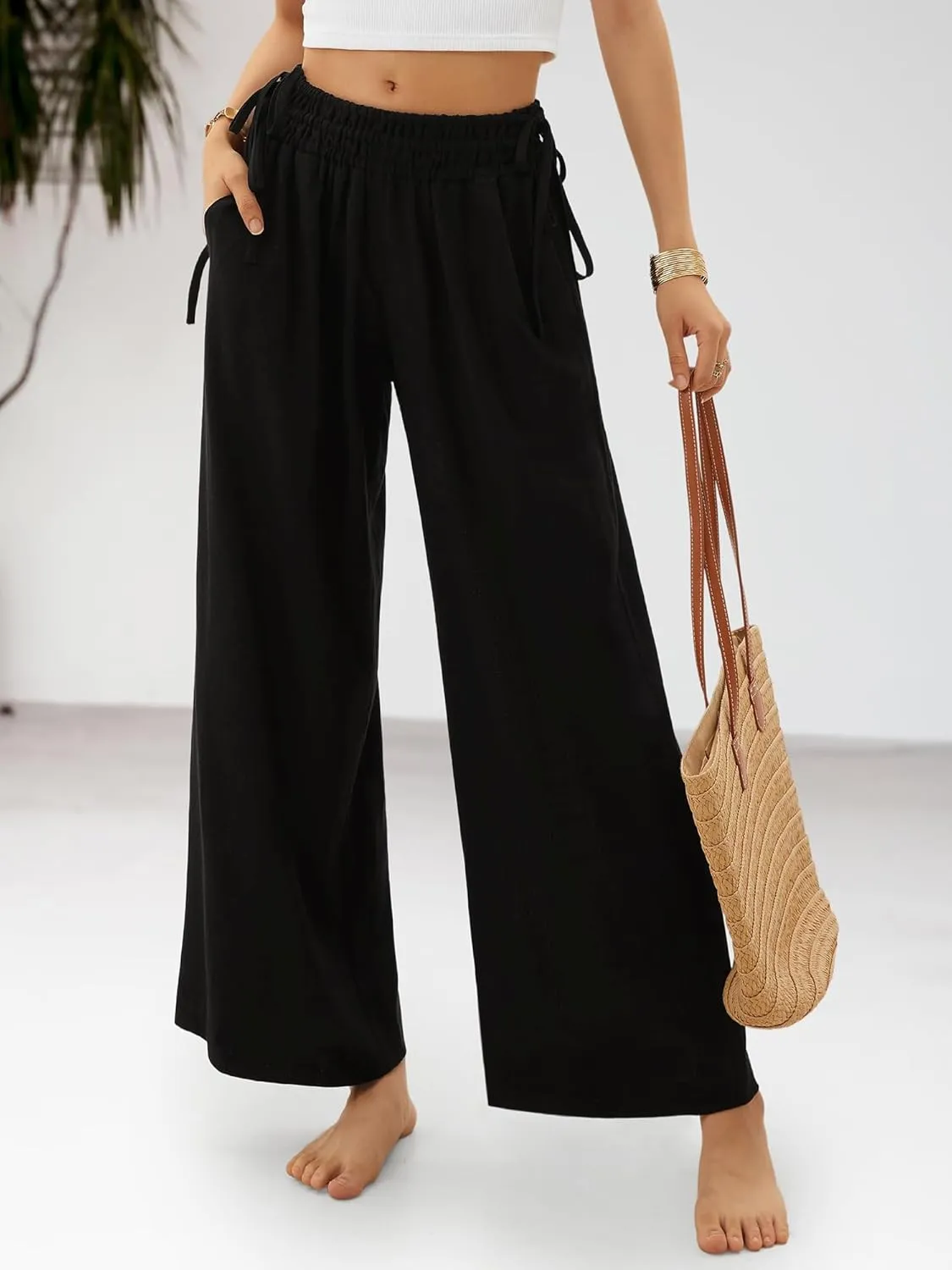 LOLOCCI Women Wide Leg Linen Pants Flowy Palazzo Casual Trousers Tropical Adjustable Knot Elastic High Waisted with Pockets