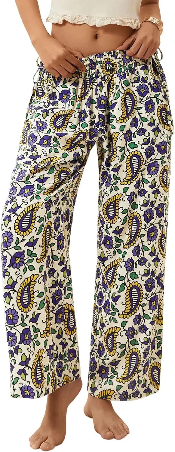 LOLOCCI Women Wide Leg Linen Pants Flowy Palazzo Casual Trousers Tropical Adjustable Knot Elastic High Waisted with Pockets