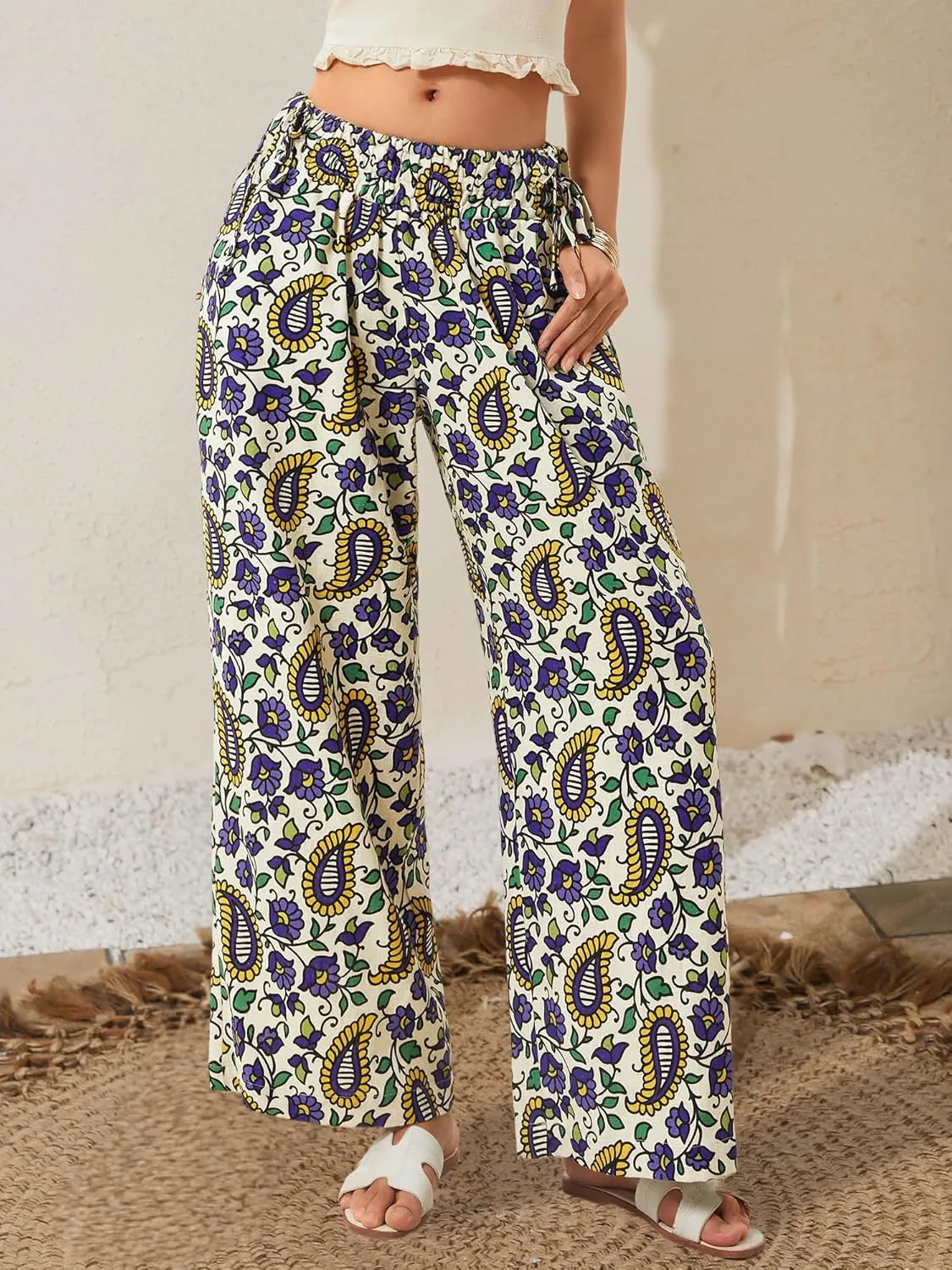 LOLOCCI Women Wide Leg Linen Pants Flowy Palazzo Casual Trousers Tropical Adjustable Knot Elastic High Waisted with Pockets