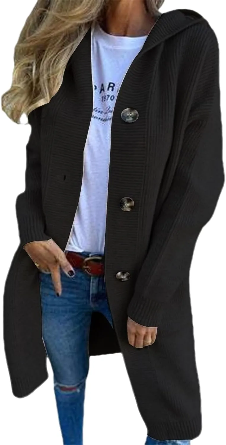 Long Cardigan for Women Button Down Sweater Solid Color Jackets Casual Long Sleeve Trench Coats with Pockets
