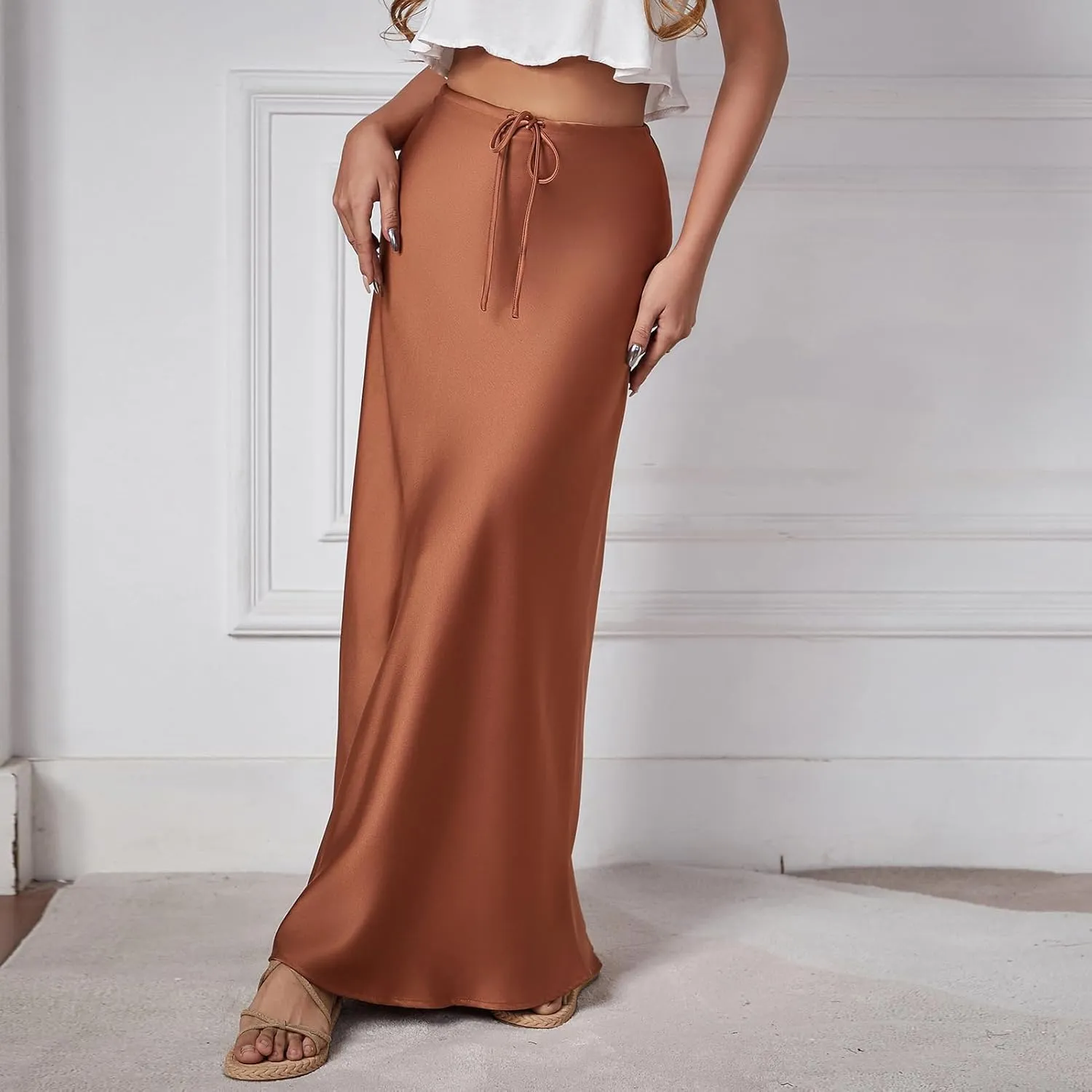 Long Silk Skirt Women's Spring Summer Satin Silk High Waist Drawstring Ruffle A Line Maxi Skirt
