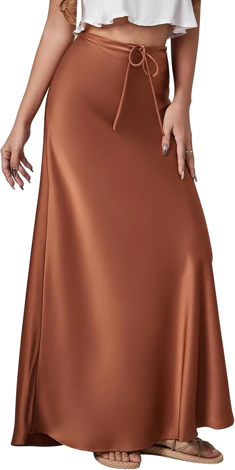 Long Silk Skirt Women's Spring Summer Satin Silk High Waist Drawstring Ruffle A Line Maxi Skirt