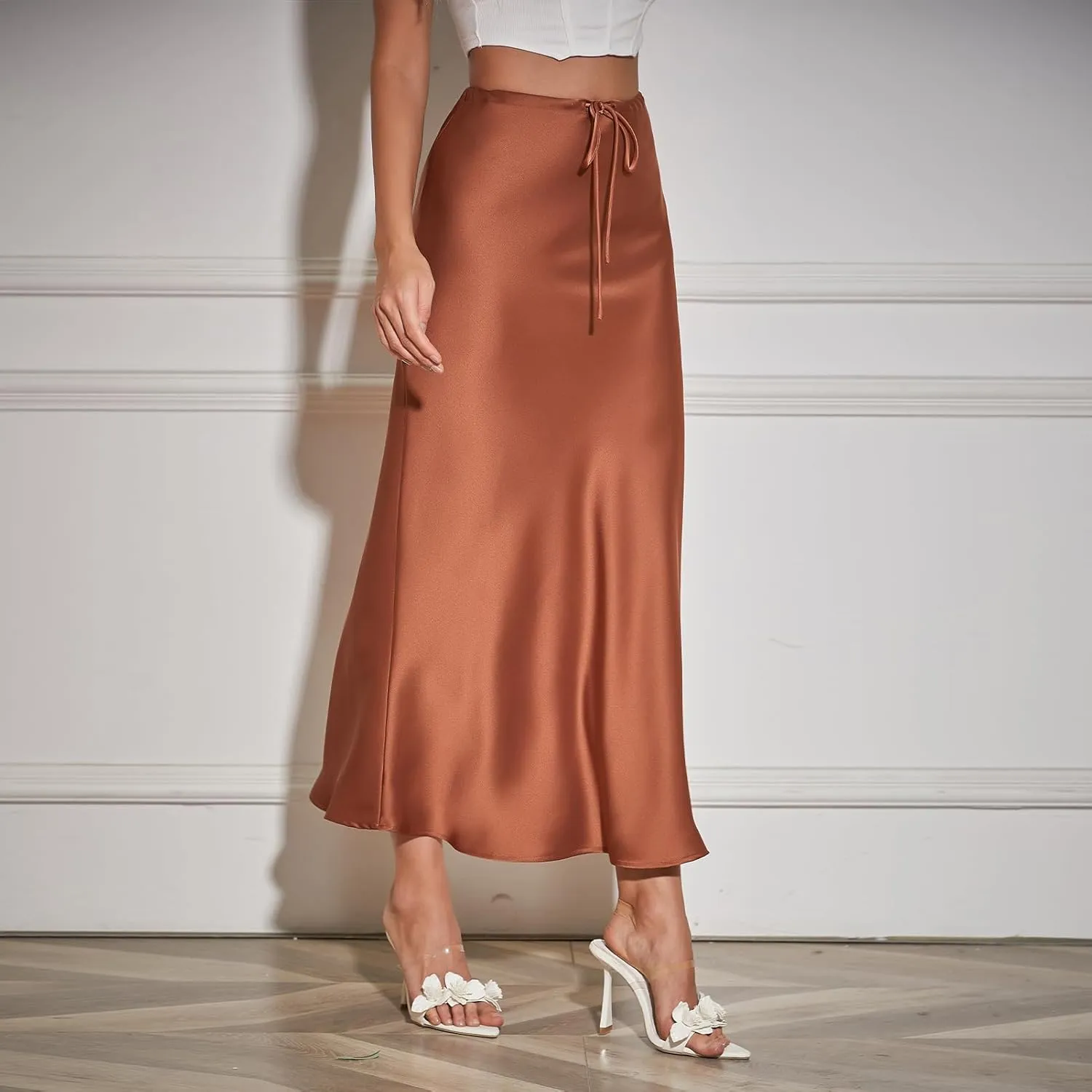 Long Silk Skirt Women's Spring Summer Satin Silk High Waist Drawstring Ruffle A Line Maxi Skirt