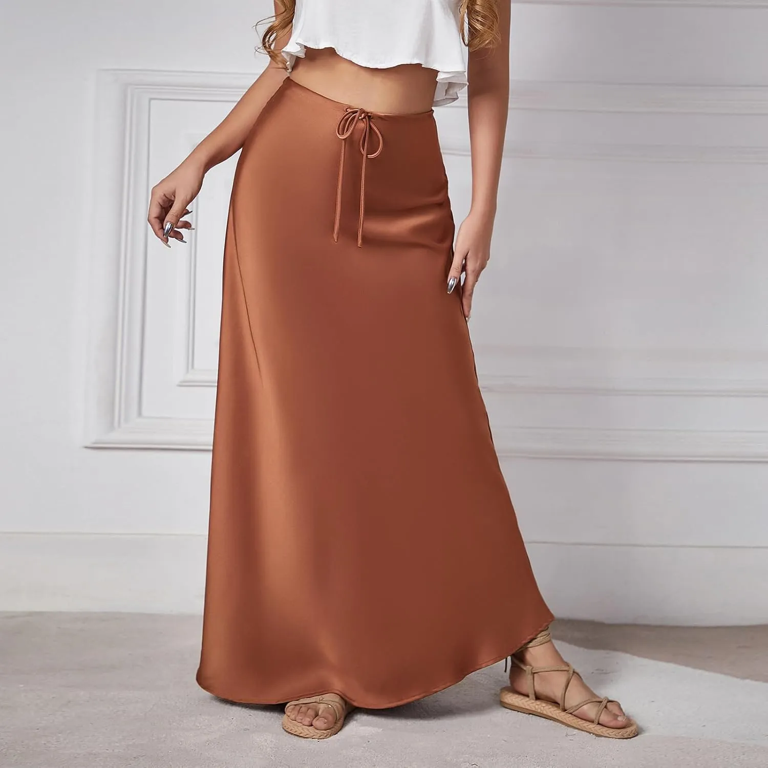 Long Silk Skirt Women's Spring Summer Satin Silk High Waist Drawstring Ruffle A Line Maxi Skirt