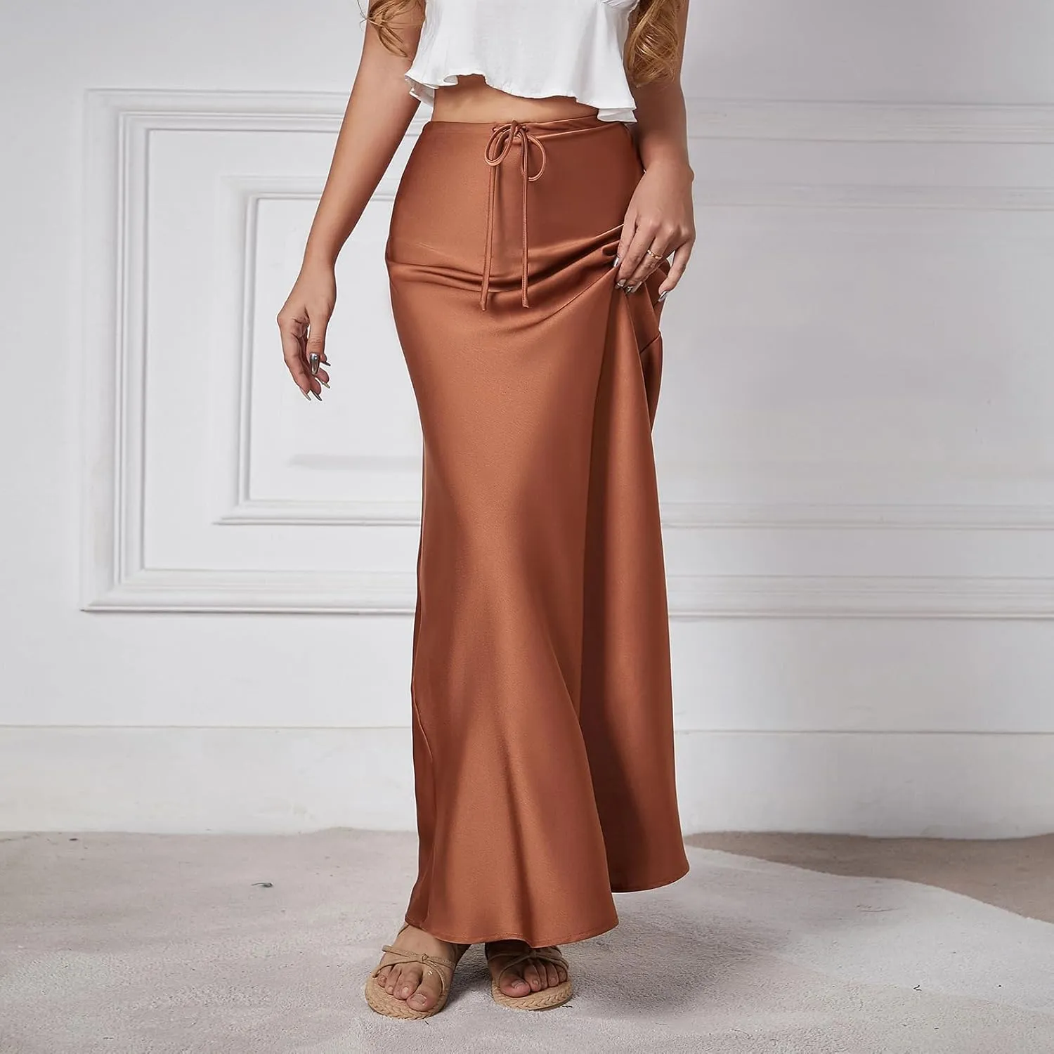 Long Silk Skirt Women's Spring Summer Satin Silk High Waist Drawstring Ruffle A Line Maxi Skirt