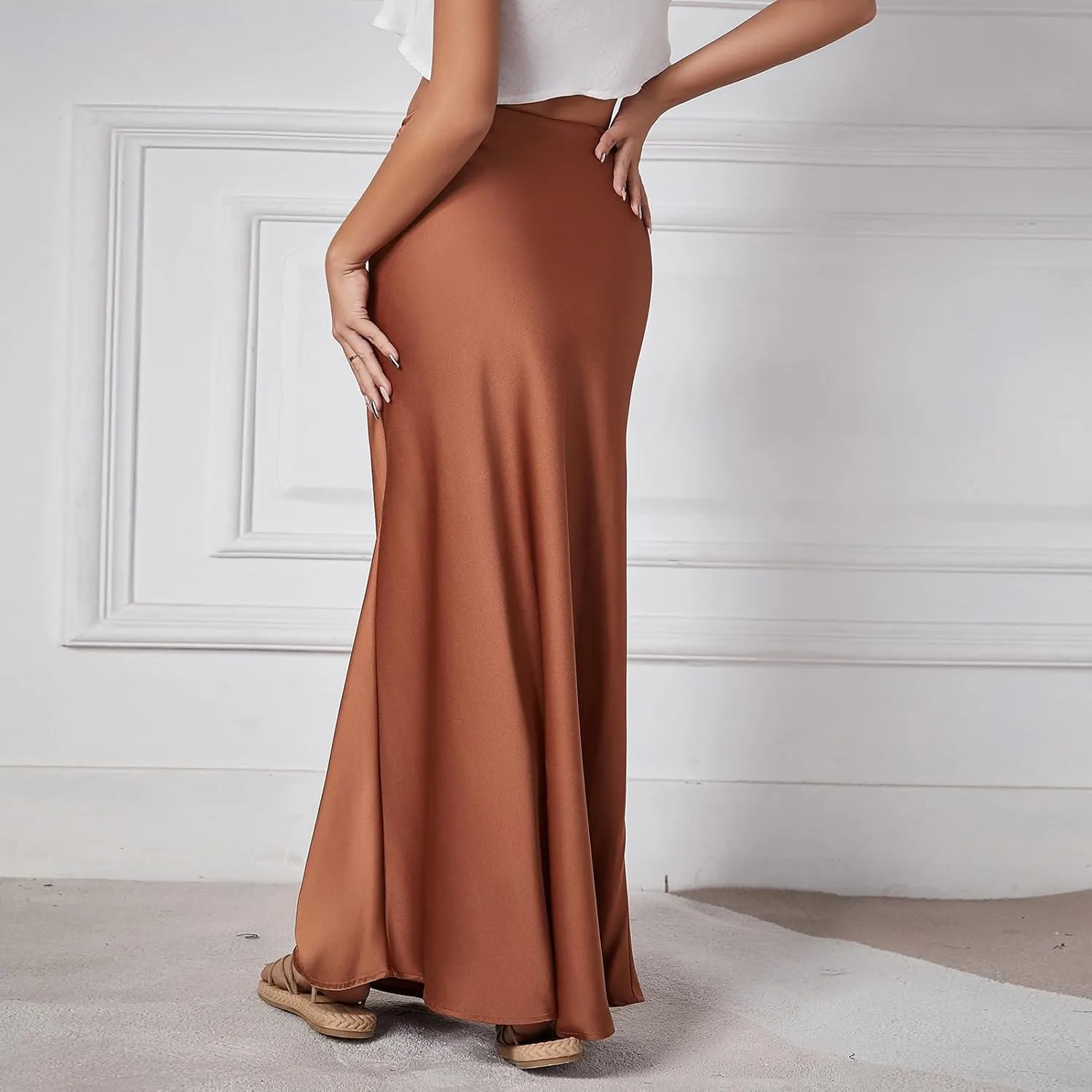 Long Silk Skirt Women's Spring Summer Satin Silk High Waist Drawstring Ruffle A Line Maxi Skirt