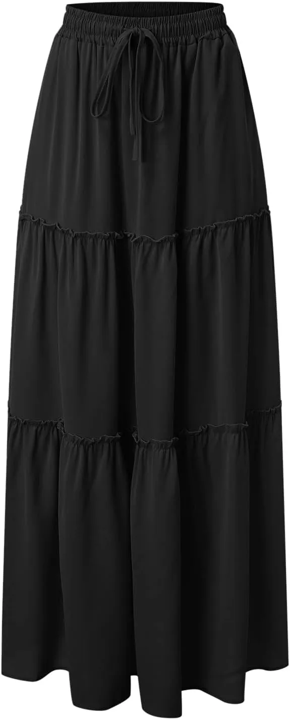 Long Skirts for Women Floral Print Boho Maxi Skirt Elastic High Waist Pleated Ruffle Flowy Swing Maxi Skirt with Pockets