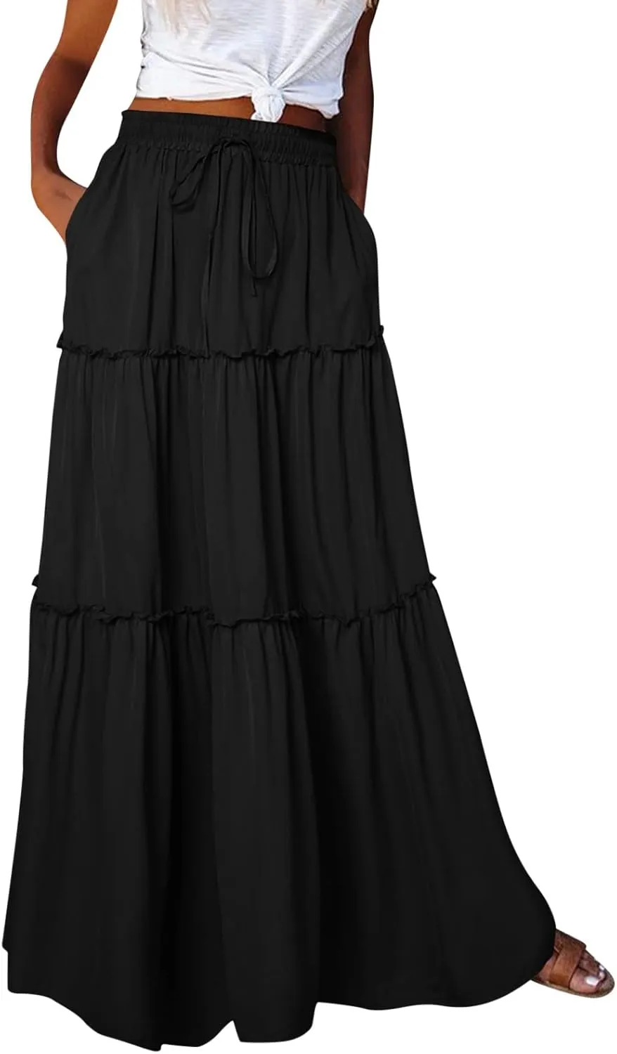 Long Skirts for Women Floral Print Boho Maxi Skirt Elastic High Waist Pleated Ruffle Flowy Swing Maxi Skirt with Pockets