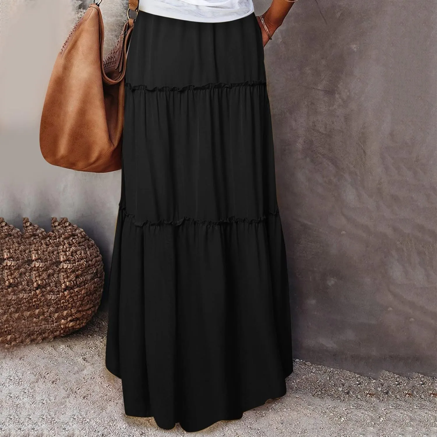Long Skirts for Women Floral Print Boho Maxi Skirt Elastic High Waist Pleated Ruffle Flowy Swing Maxi Skirt with Pockets