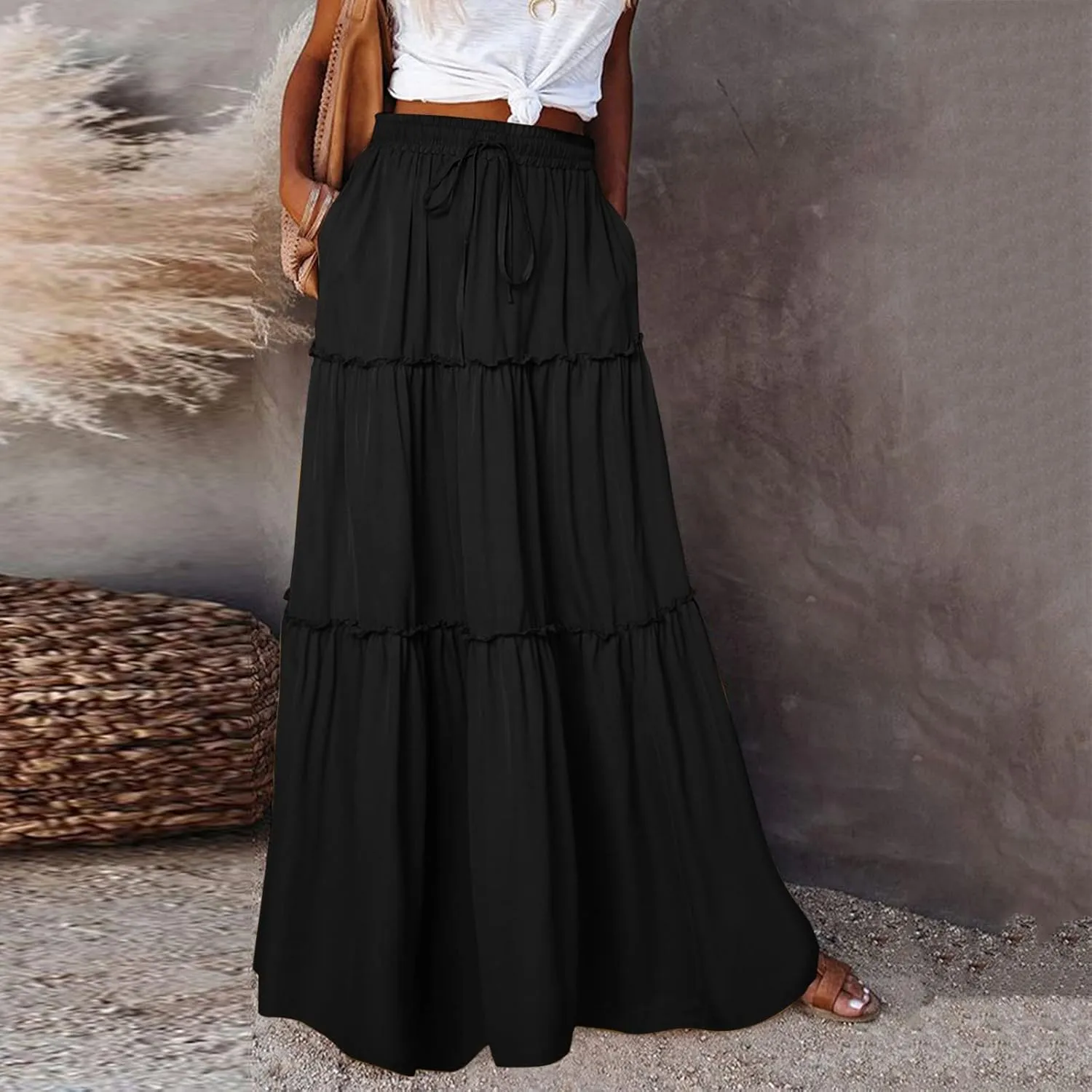 Long Skirts for Women Floral Print Boho Maxi Skirt Elastic High Waist Pleated Ruffle Flowy Swing Maxi Skirt with Pockets
