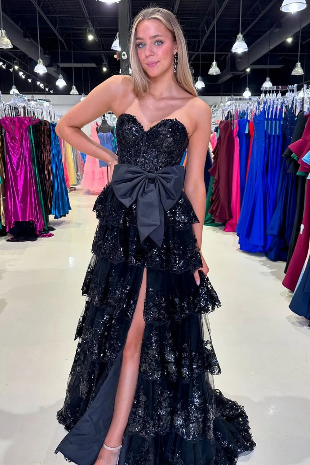 Luolandi A Line Black Strapless Tiered Sequined Corset Long Prom Dress Sparkly With Bow