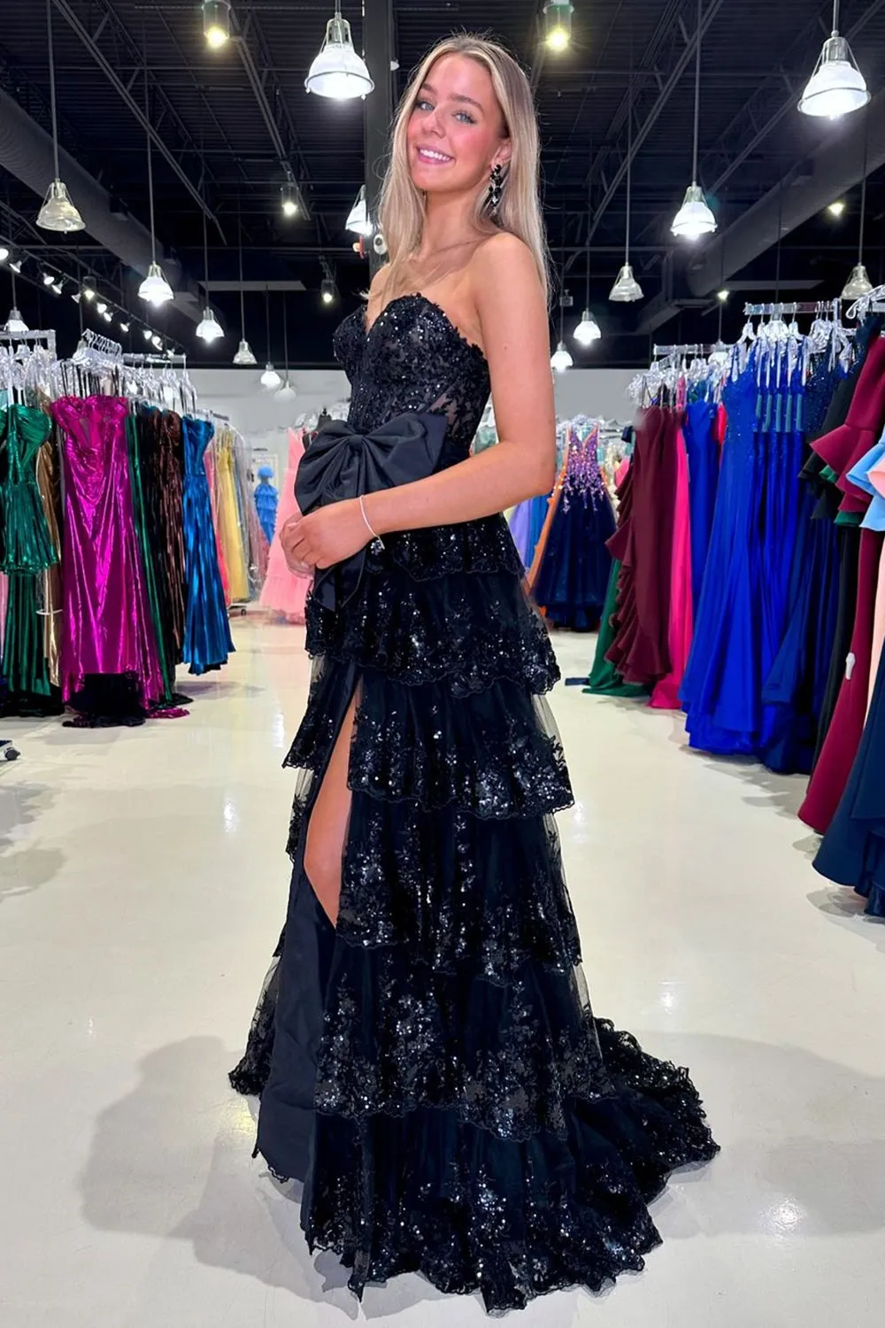 Luolandi A Line Black Strapless Tiered Sequined Corset Long Prom Dress Sparkly With Bow