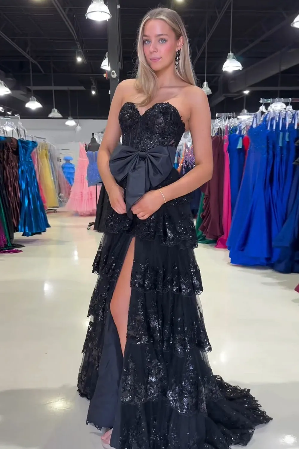 Luolandi A Line Black Strapless Tiered Sequined Corset Long Prom Dress Sparkly With Bow